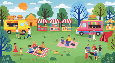 Vibrant summer park festival with food trucks, picnics, and families enjoying a sunny day. Community gathering illustration.