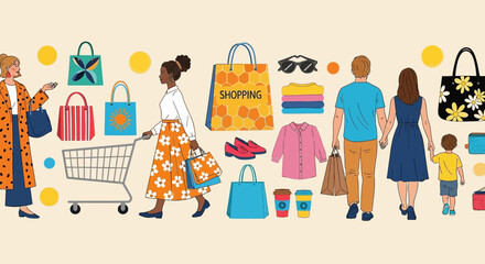 Vibrant illustration of diverse people on a shopping day. Vector banner concept for retail sales, fashion, and modern lifestyle.