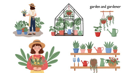 Modern flat design vector illustration set of a gardening hobby, featuring a gardener, greenhouse, and various houseplants.