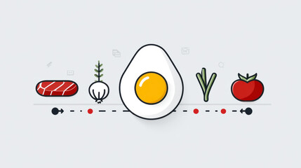 Minimalist illustration of egg, meat, vegetables, and herbs on light background