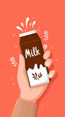 Hand holding chocolate milk carton against orange background with splash