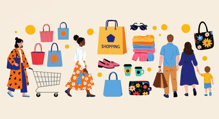 Vector illustration set featuring diverse people shopping. Includes a family, shoppers with carts, bags, clothing, and various retail items.