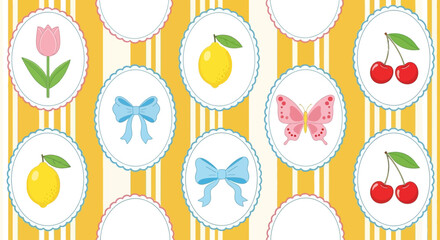 A sweet vintage seamless pattern with tulips, lemons, cherries, butterflies, and bows in cameo frames on a yellow striped background. Vector illustration.