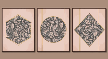 A modern triptych of wall art featuring abstract charcoal sketch patterns within gold-trimmed geometric frames like a hexagon, circle, and diamond.
