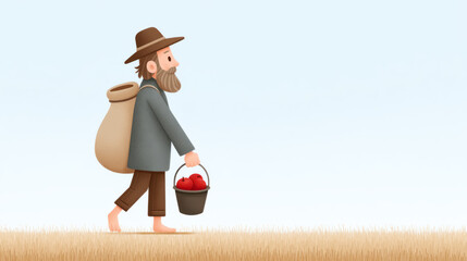 Cartoon farmer with apples and sack walking on grass