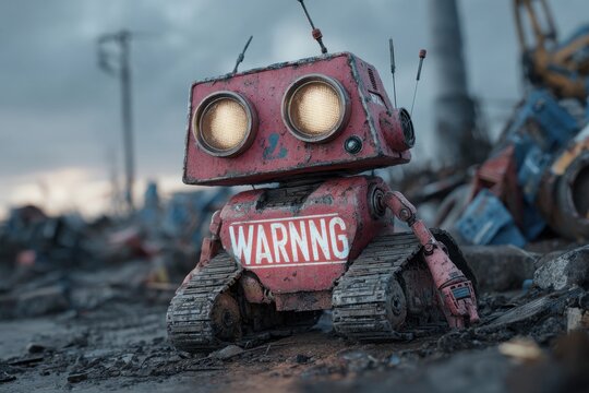 Waring automaton stands outdoors in the junkyard, covered in rust and dirt; its big, dark lenses peer out from beneath its white and red shell