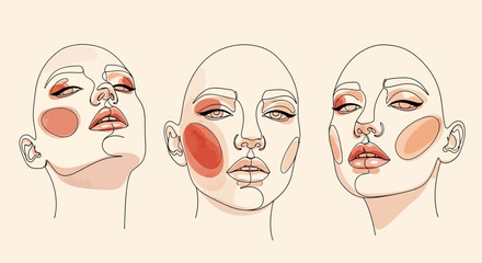 A new HD collection of three abstract woman portraits. Modern minimalist one line drawing of female faces with colorful shapes.