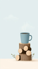 Blue mug on tree stump with steam and logs in minimalist nature setting