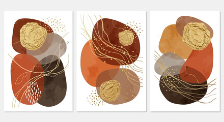 A modern triptych of abstract wall art featuring organic, overlapping shapes in earthy tones with elegant gold foil and line details.