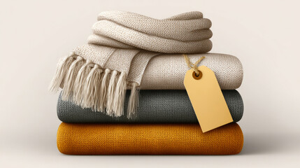 Cozy stack of knitted scarves and blankets with blank tag for customization