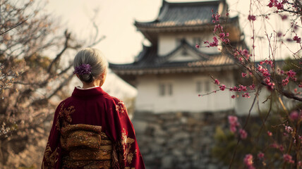 Fototapeta premium 高齢女性が紅色の着物で城を眺める後ろ姿