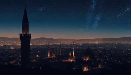 Obraz premium Night view of city skyline with illuminated minaret, mosque domes under starry sky. Urban landscape features glowing street lights, rooftops. City lights stretch to horizon with distant mountains.