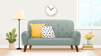 Cozy living room interior with sofa, cushions, lamp, and wall clock