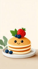 Adorable pancake stack with cute face and fresh berries