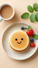 Smiling pancake with berries and coffee on light background