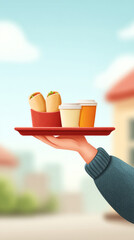 Hand holding tray with burritos and coffee cups outdoors
