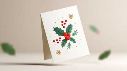 Festive holiday card with levitation effect featuring holly leaves and berries