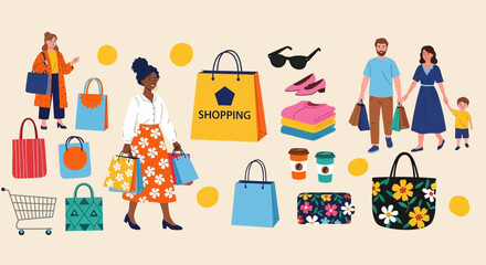 A diverse collection of people enjoying shopping, with retail icons, bags, and products. Modern vector illustration set.