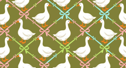Charming seamless pattern featuring white geese and colorful pastel ribbons with bows on a green background. Country farm style illustration.