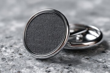 Close-up shows a round, silver-rimmed cufflink with a black center on a gray, textured knit fabric surface