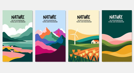 Collection of modern flat design nature landscape vector illustrations for posters and backgrounds.