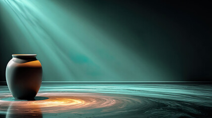 Ceramic vase illuminated by light beam on liquid-textured floor with dark background, Generated with AI