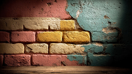 Colorful brick wall with worn paint and partially lit texture, Generated with AI