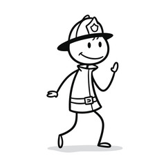 Smiling stick figure firefighter waving cheerfully while walking against a simple white background, concept of fire safety or emergency services