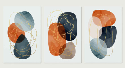 A modern set of three abstract watercolor compositions with organic shapes in earthy tones and elegant gold line art.