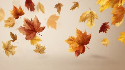 Fototapeta premium Floating autumnal leaves in varied shades of brown and yellow, on a warm, neutral background