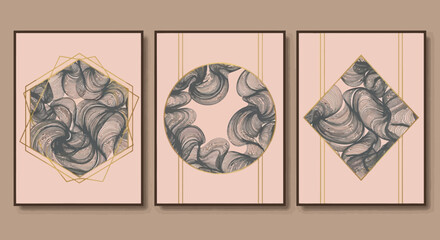 Elegant triptych of abstract charcoal line art within golden geometric frames. Modern minimalist wall decor.