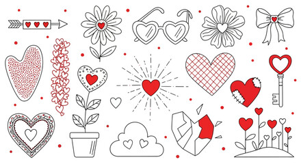 Hand-drawn Valentine's Day doodle set. A collection of romantic symbols like hearts, flowers, and arrows for design.