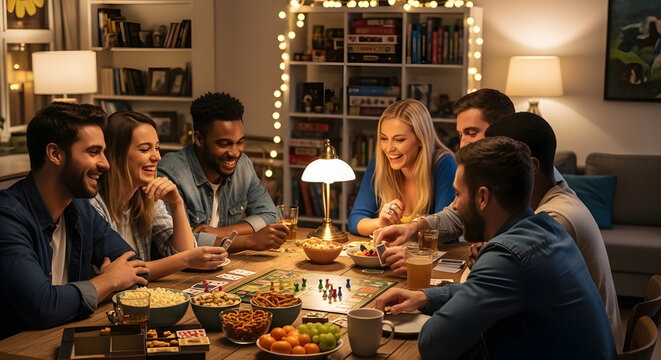 A diverse group of friends enjoying a board game night, a realistic and authentic scene of genuine connection, leisure, and social gathering.
