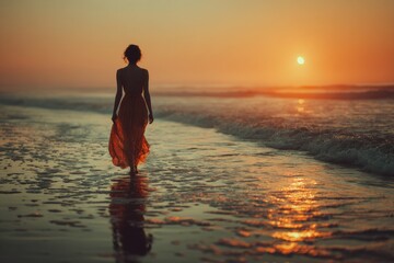 Woman in blue dress walking on sandy beach at sunset during golden hour, looking at ocean waves