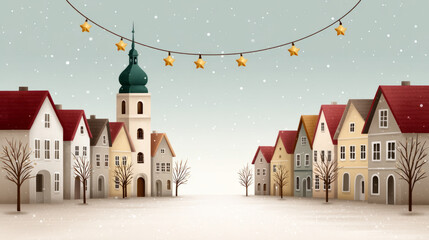 Festive christmas market village scene with starry night lights for holiday card design