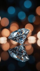 Diamond sparkles with brilliant facets on reflective surface. Soft bokeh lights in blue, orange create depth. Exquisite craftsmanship, high clarity define precious gemstone, luxury, elegance.