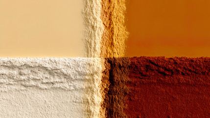 Cross of powders in beige, brown, and orange tones with grainy texture on flat background, Generated with AI
