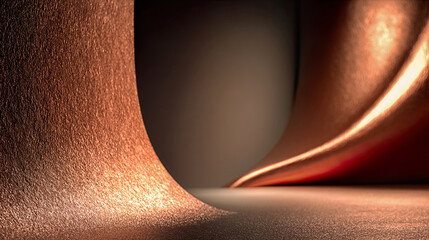 Wavy surface with copper metallic texture lit from one side and blurred background, Generated with AI