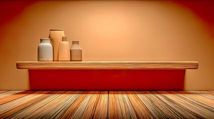 Floating wooden shelf on orange background with ceramic vases in minimalist style, Generated with AI