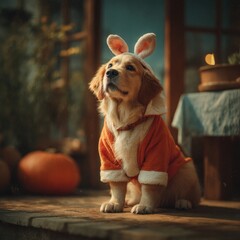 Adorable Dog in Bunny Costume Sitting on a Porch with Pumpkins