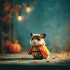 Hamster in Costume with Pumpkin and Warm Fall Atmosphere