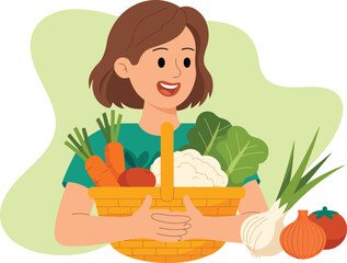 Woman holding basket of fresh vegetables healthy eating and lifestyle concept illustration vector design