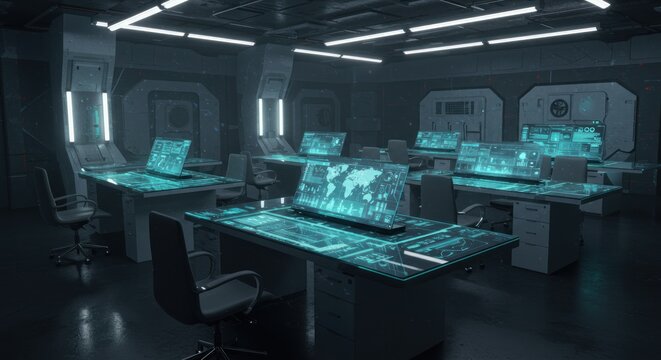 Futuristic intelligence center with advanced technology interfaces for global network security and