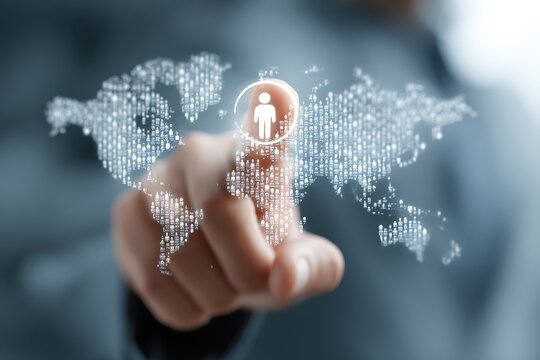 Hand touching world map created from people icons, highlighting connectivity, global reach, and human connection in a digital landscape