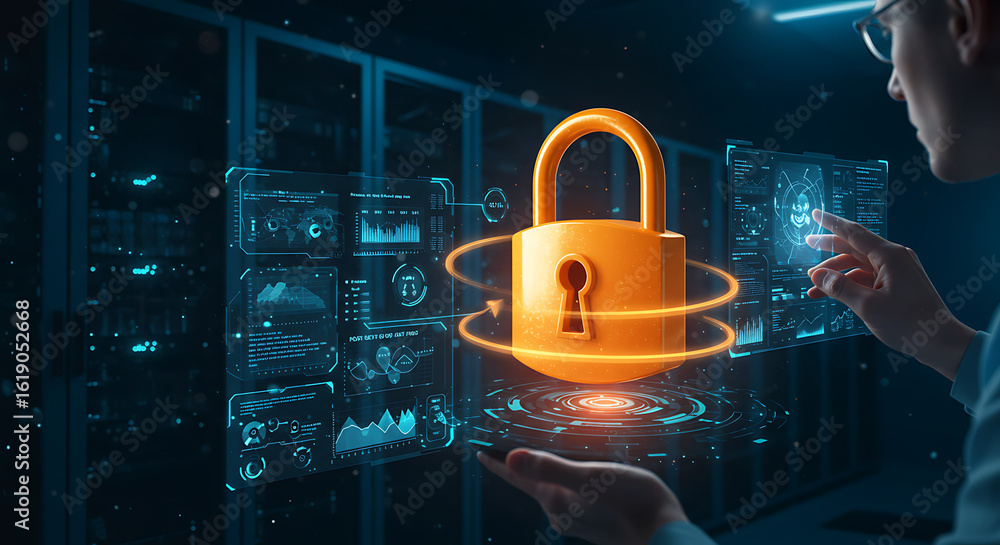 Poster cybersecurity safeguard: a focused technician, surrounded by a dynamic data center environment, inte