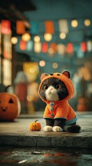 Adorable Cat in Halloween Costume with Mini Pumpkin Decoration