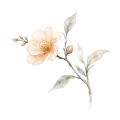Fototapeta premium Delicate watercolor illustration features pale peach flower with intricate stamens on branch with muted green leaves, buds. Pastel tones on white background evoke spring, summer. Perfect for floral