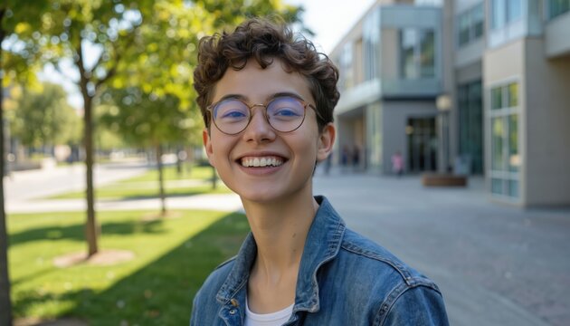 Non-binary college student smiles brightly outdoors on a sunny day, wearing glasses and a denim jacket. They are on a university campus, embodying confidence, happiness, and educational pursuits.