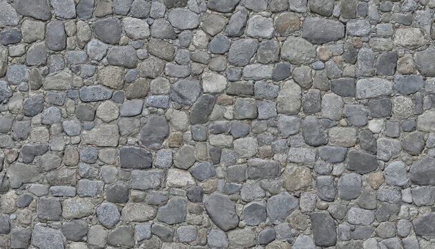 Grungy gray cobblestone wall texture. Natural rock pattern, seamless tileable background. Rough stone surface, old street pavement, urban architecture material. Grey blocks form rugged, weathered