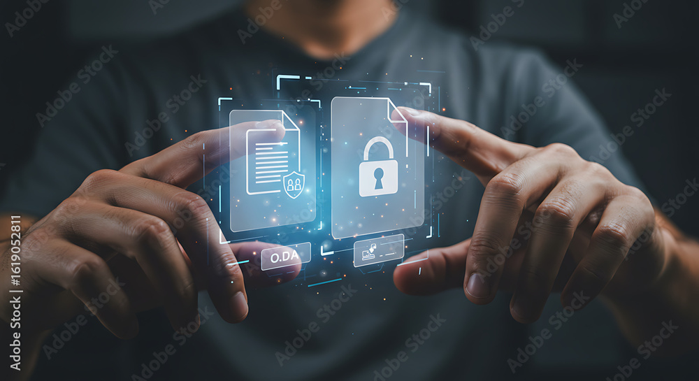 Poster secure data access: a close-up shot showcasing a person's hands interacting with digital files. the 